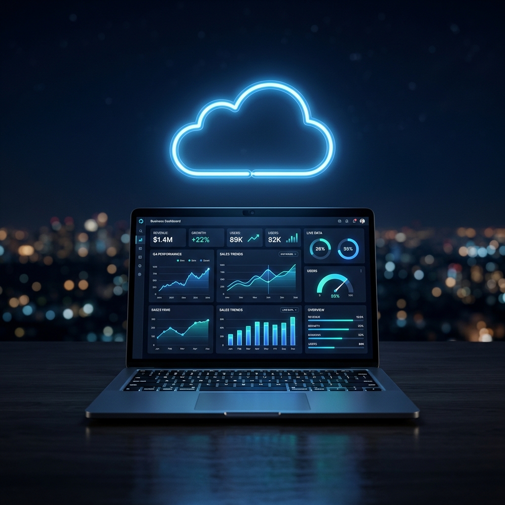 Laptop com Dashboard e Nuvem Neon
